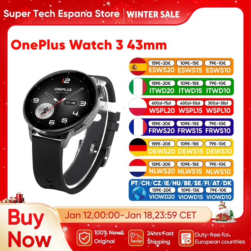 OnePlus Watch 3 Smartwatch 43mm Versione Globale Display AMOLED LTPO da 1,32 Pollici Memoria 32GB Snapdragon W5 Wear OS di Google