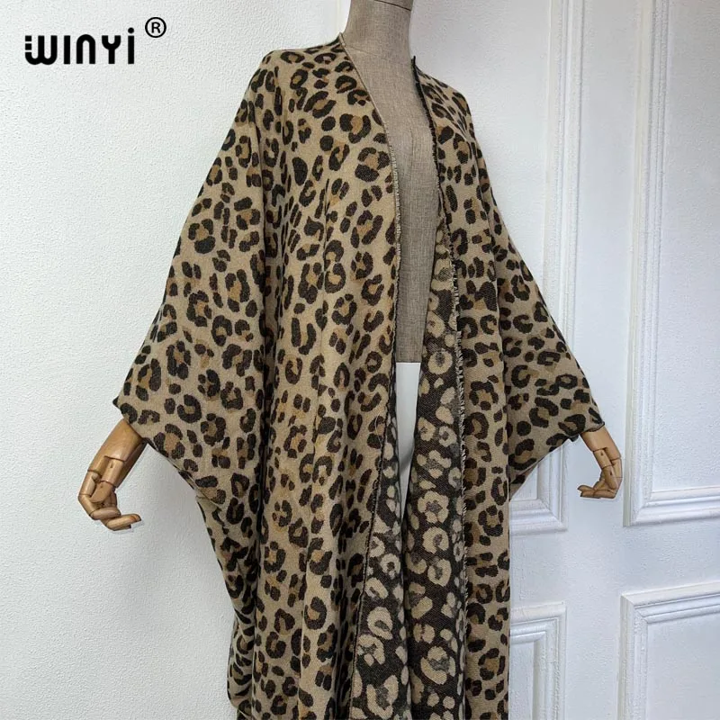 2024 WINYI Winter leopard print High Quality cardigan Luxury Loose kimono Thick Warm Female long down coat for women maxi abaya