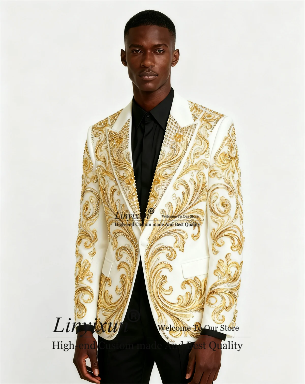 

Sparkly Diamond Crystals Lapel Men Suits Slim Fit Wedding Party Tuxedos 2 Pieces Sets Customized Groom Male Blazers Ropa hombre