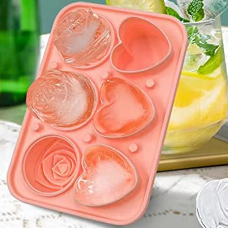 Roses Ice-Cube Mold, Heart Shape Ice-Cube Tray, Silicone Ice Mold, Ice Ball Maker for Whiskey Cocktails Drinks, Pink