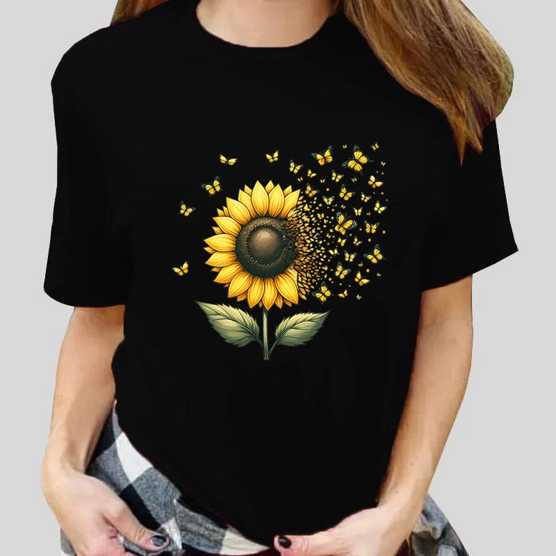 

New Fashion Women Funny Sunflower Butterfly Printed T-shirt Summer Short Sleeved Tops