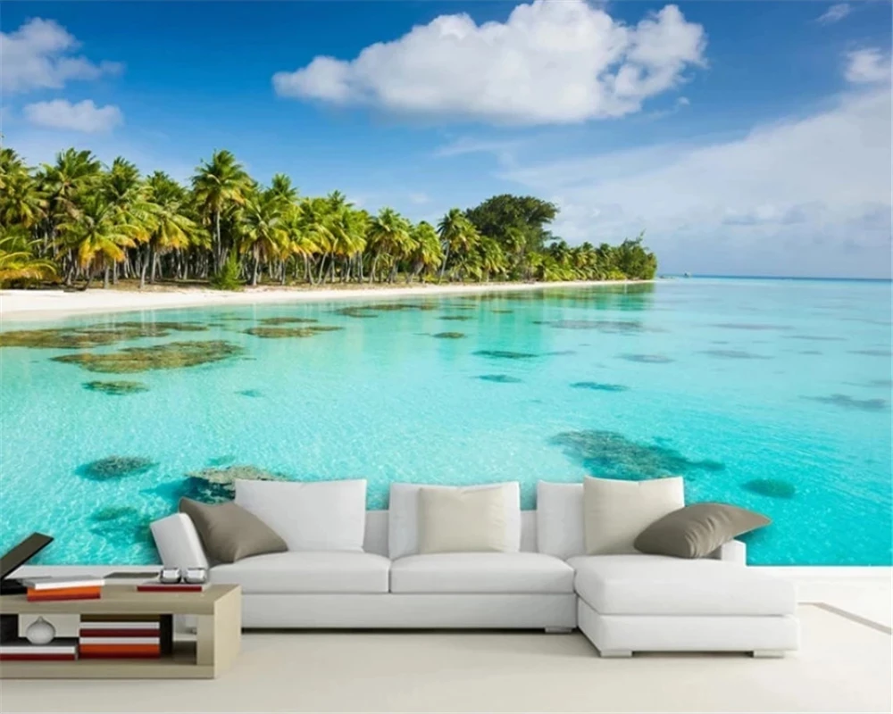 Customized Mural modern seaside coconut tree landscape bedroom wallpaper Living room sofa TV background wall sea view restaurant