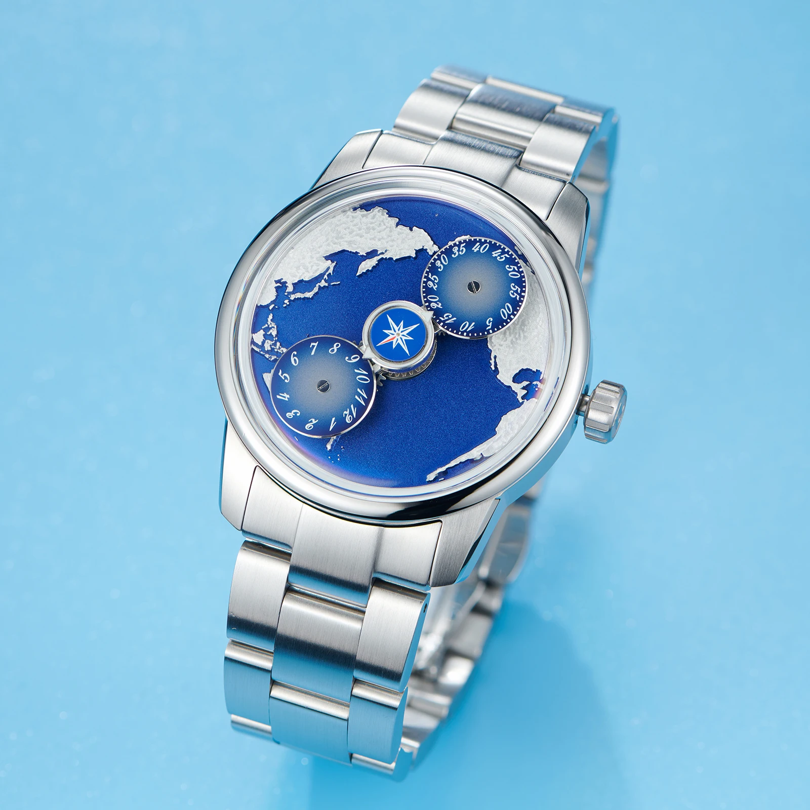 OBLVLO Fashion Stainless Steel Earth DIal Automatic Watch Blue Luminous Waterproof Mechanical Watches For Business Men JM-EARTH