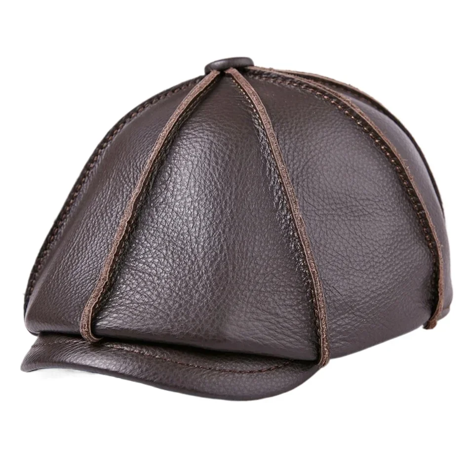 

NEWSBOY Winter Mens Newsboy Caps Real Cow Leather Thick Warm Casual Brown Flat Cap Ivy Flat Hats New Design Brand Artistic