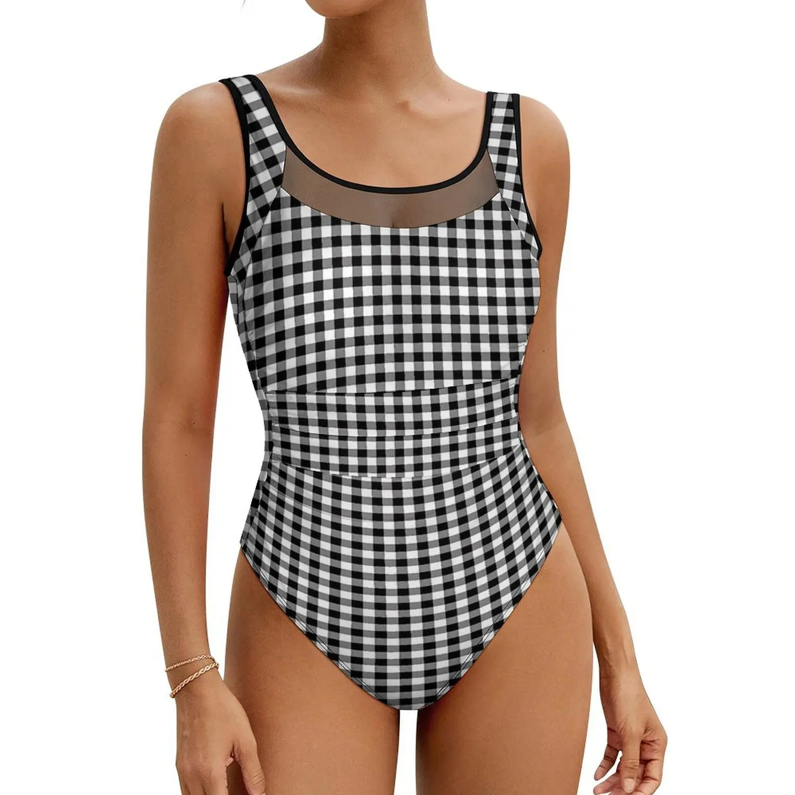 Black And White Swimsuit Sexy Check Print Women Swimwear One Piece Fantasy Swimsuits Surfing Push Up Cut Out Bathing Suits