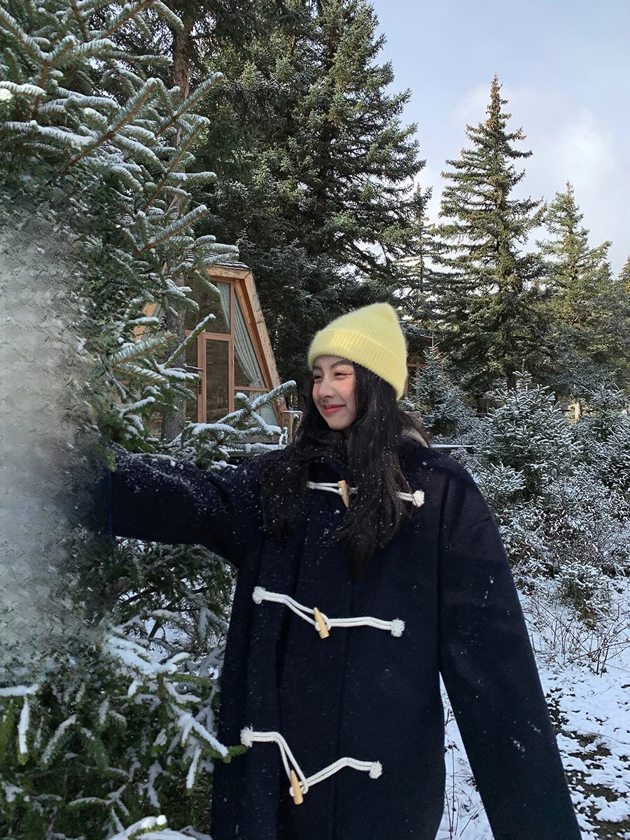 

Warm Long Coat Korean Sle Retro Color Blo Cuff Button Women's Woolen Jaet Collar Long Sve Straight Cut Coat