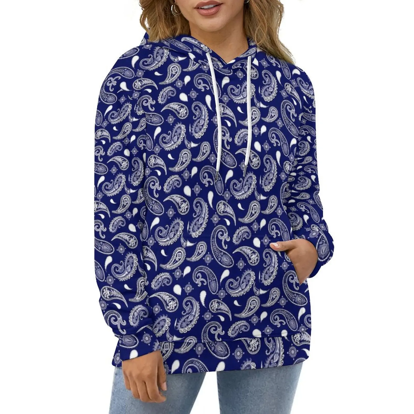 

Retro Paisley Print Casual Hoodies Blue And White Retro Hoodie Womens Long Sleeve Street Style Graphic Loose Oversize Clothing