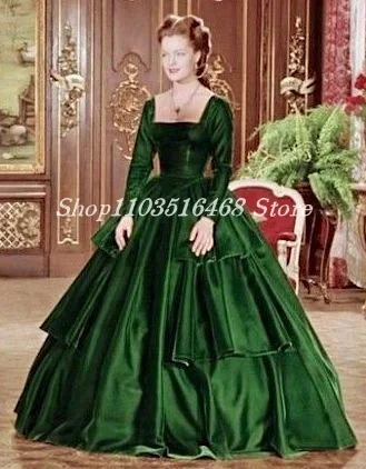 1880s Vintage Victorian Evening Dresses Emerald Green Long Sleeve Satin Ruffle Princess Dresses Civil War Women\'s Party Dresses