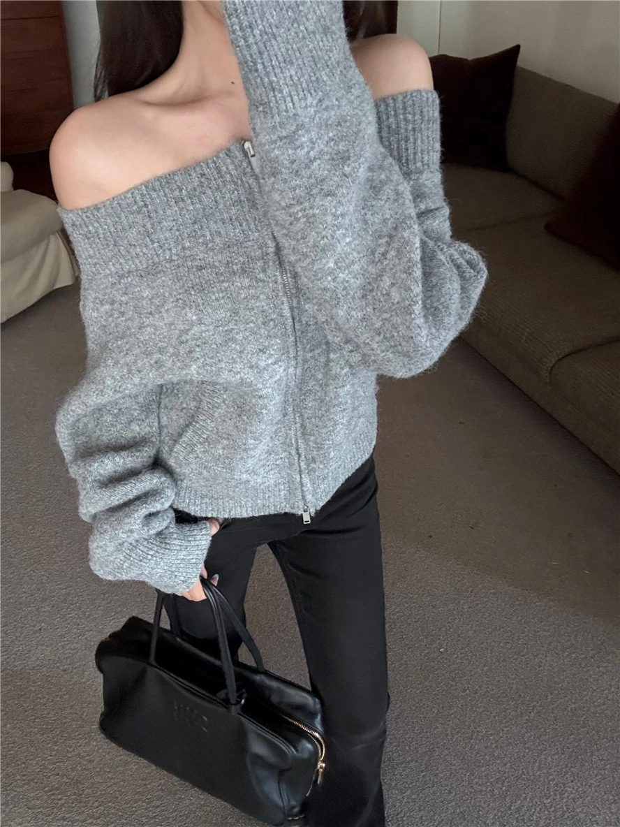 Moda autunno donna manica lunga con spalle scoperte maglione elegante sexy cerniera invernale top lavorato a maglia maglieria pullover allentato vintage