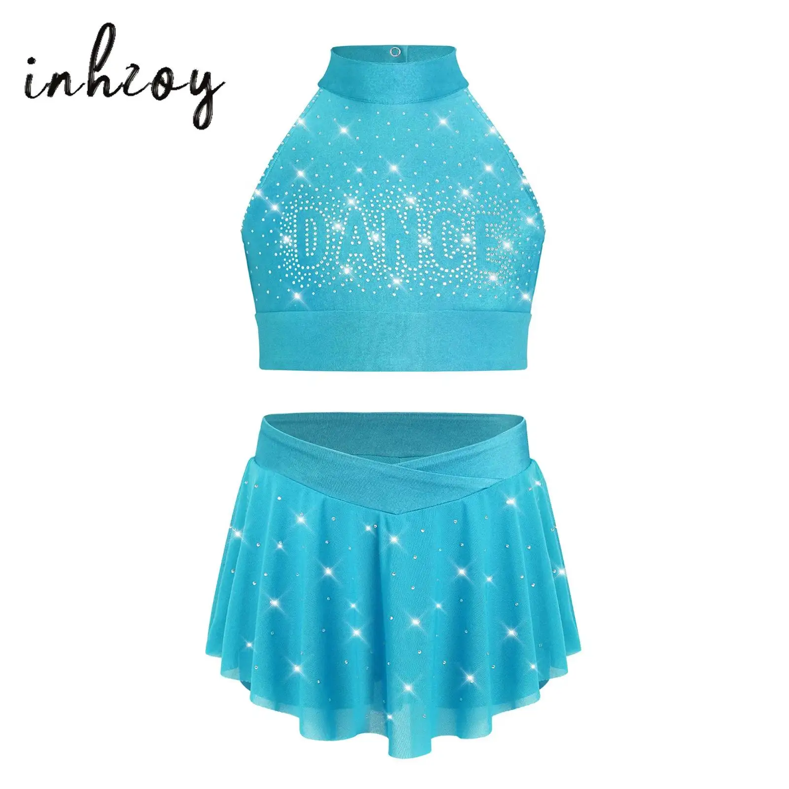 

Girls Cheerleading Dance Outfits 2-Piece Sleeveless Cross Back Glittery Rhinestones Tank Crop Top+Skirt Set Jazz Latin Dancewear