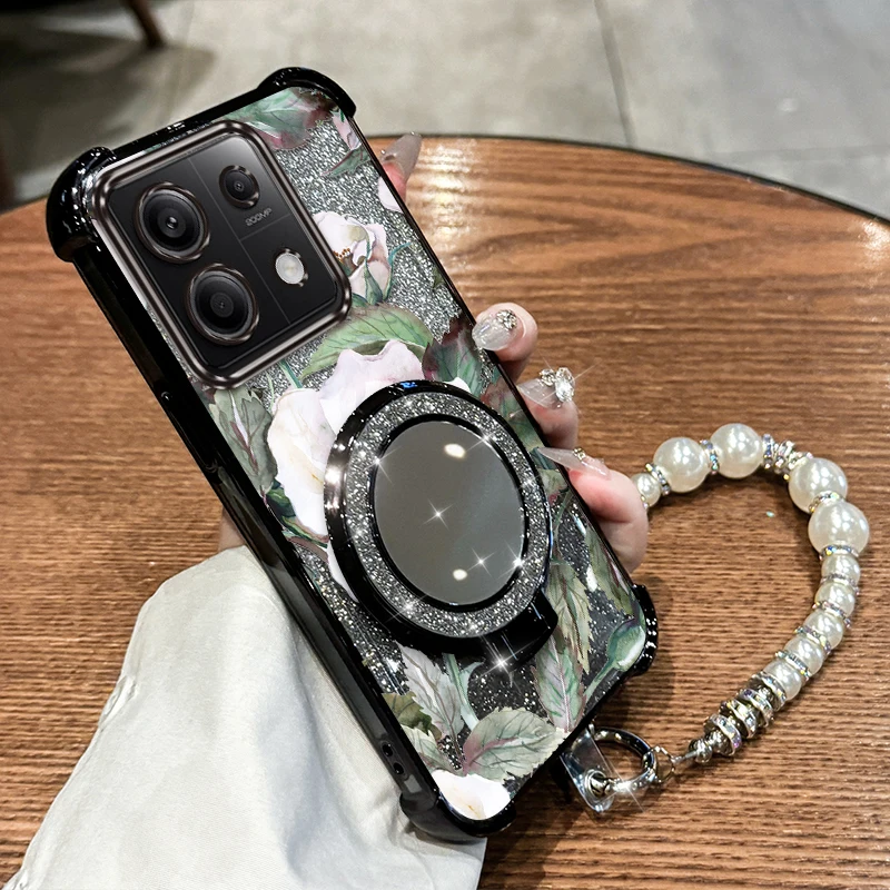 

X6 White flowers Plating Bracelet Holder Phone Case For Xiaomi Poco M6 M2 M5S M3Por M6Por X6 X3Pro C55 C65 C75 X3NFC Cover