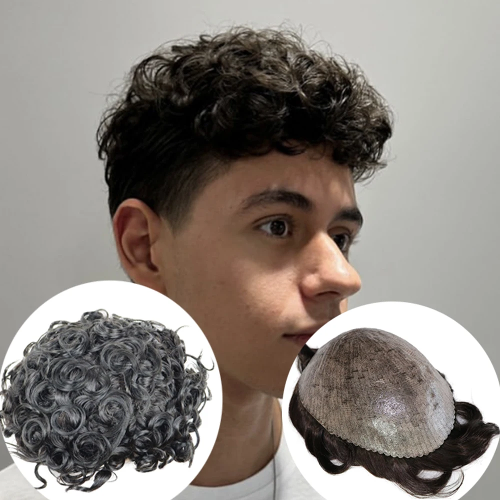 Soft Hair 24mm Curly Men Toupee Durable Thin Skin Full Pu Base Male Human Hair Prosthesis System Natural Hairline For Black Men