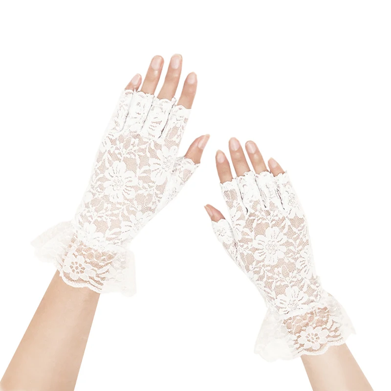 الصيف النساء الدانتيل القيادة الشمس حماية قفازات الاصبع الزفاف رقيقة مرونة شبكة ملموس شاشة نصف اصبع قفازات قصيرة