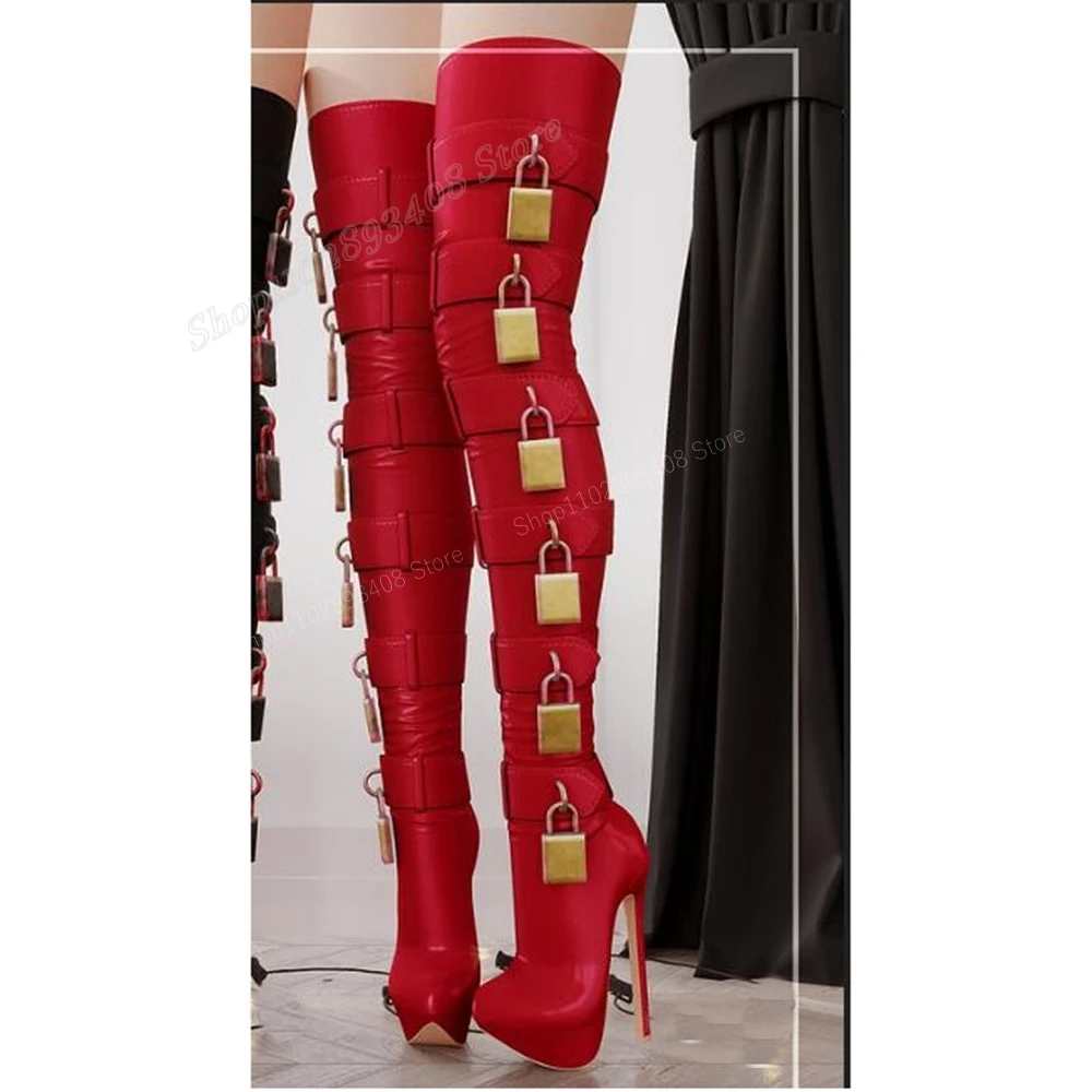 

Red Locks Decor Matte Leather Over the Knee Boots Stiletto High Heel Fashion Sexy Women Shoes 2024 Spring Zapatos Para Mujere