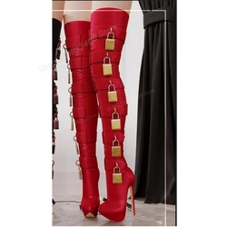 Botas por encima de la rodilla de cuero mate Para mujer, Zapatos de tacón alto sexys de aguja, decoración de cerraduras Rojas, primavera 2024