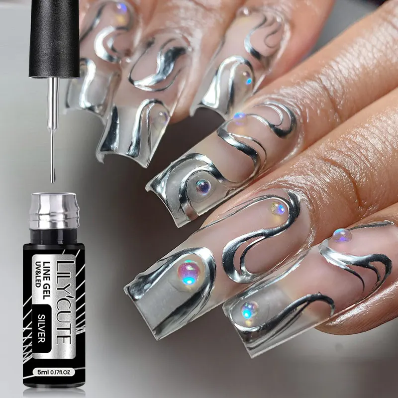 LILYCUTE 5ml Super Bright Silver Metallic Painting Liner Gel Nail Polish Drawing Stripe Graffiti Mirror Pull Line UV Gel Varnish