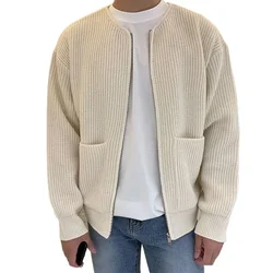 2024 outono com zíper de malha sweatercoat para homens sólido casual fino baisc cardigan hombre em torno do pescoço bolso topos masculino outwear