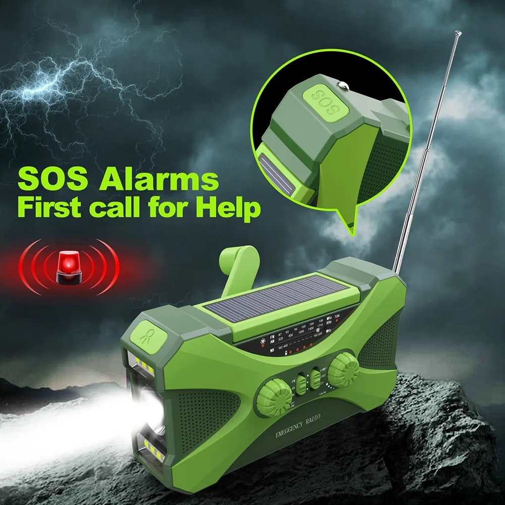 10000MAh Emergency Radio, Solar Hand Crank Radio, Portable Radio with Phone Charger, LED Flashlight Green