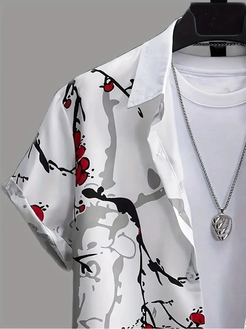 Chinese Style Men's Shirt Winged Plum Plum Blossom Print Shirt Casual Short Sleeve Lapel Shirt Seaside Vacation Party Clothing