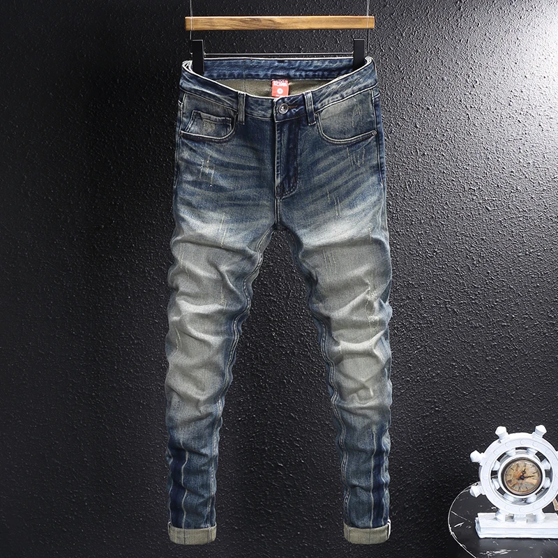 

Fashion Designer Men Jeans High Quality Retro Washed Blue Stretch Slim Fit Ripped Jeans Men Vintage Casual Denim Pants Hombre