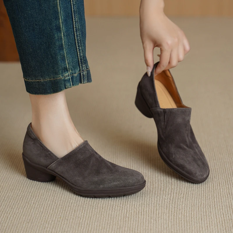 2026 Autumn New Women's Shoes Natural Suede Leather Round Toe Slip-on Pumps 4.5cm Thick Med Heel OL Style Soft Comfort Shoes