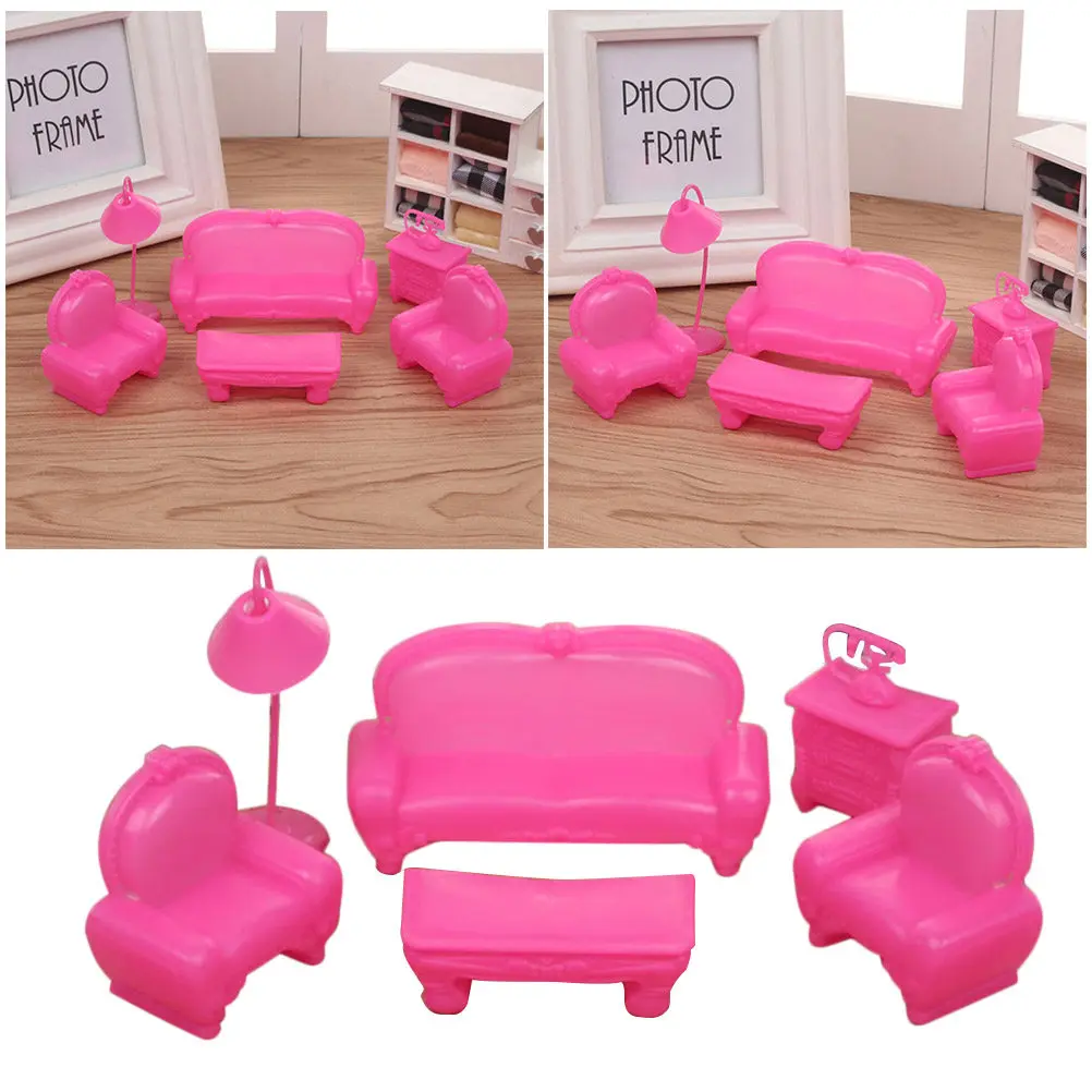 

7 Piece Kids Room Furniture Set Pink Plastic Sofa with Table Lamp Cabinet for Bedroom Decor Sweet Romantic Style Play Scene