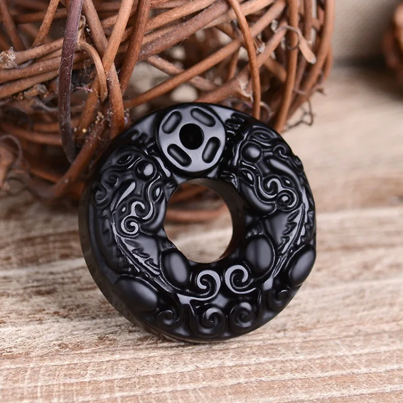 Natural Crystal Obsidian Pendant, Black Obsidian Double Pixiu Safety Buckle Pendant