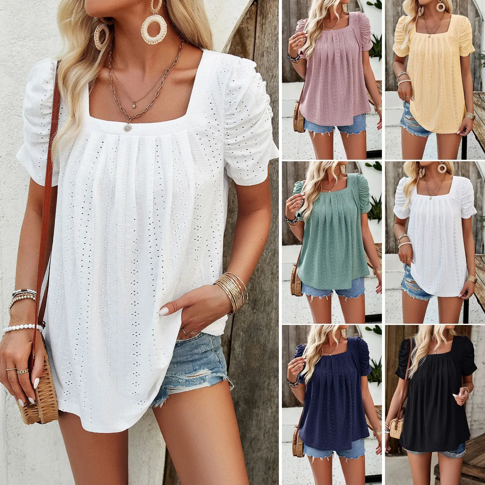 

Women's Clothing Amazon 2024 Spring And Summer Foreign Trade Casual Solid Color Square Collar Hollow Short-sleeved Shirt Top