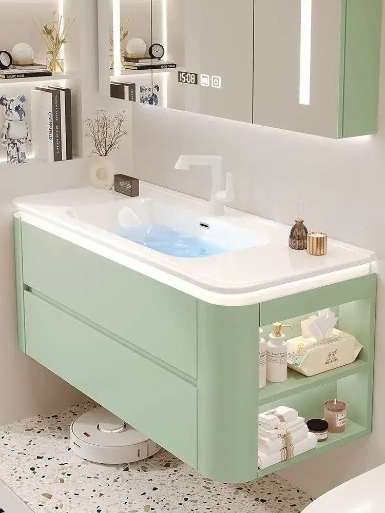 Modern Bathroom Cabinet Combination Ceramic Basin Integral Sink Luxury Green Bathroom Vanity Sink Cabinet Bathroom Furniture