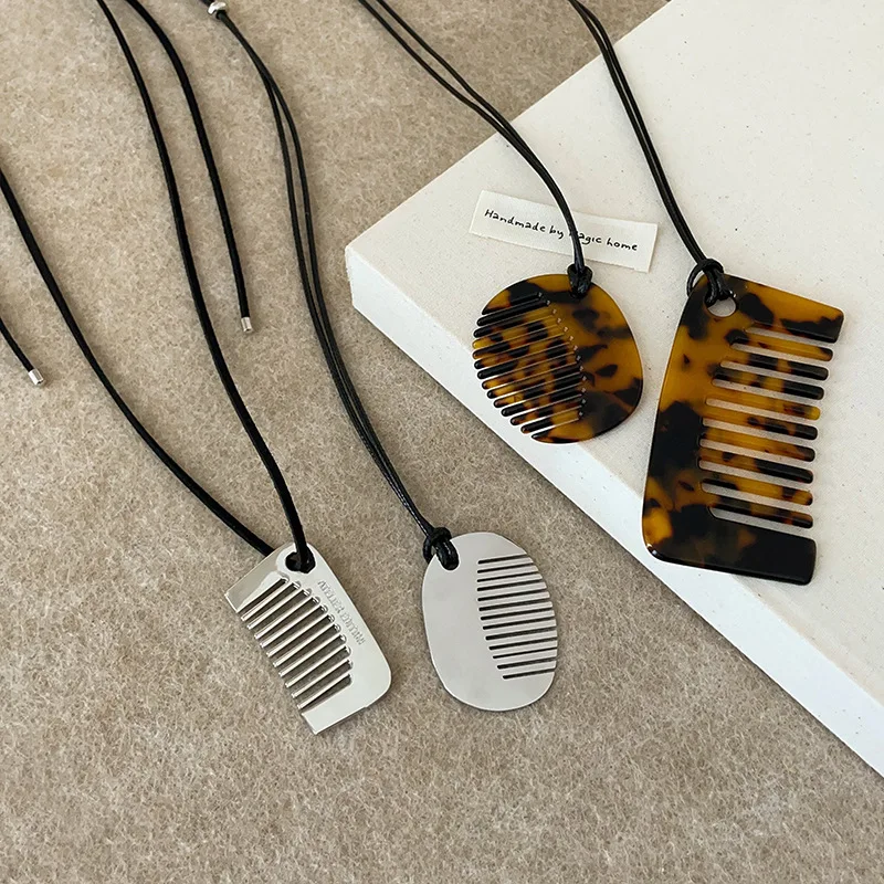 Korean Niche Leopard Print Vinegar Comb Pendant, Black Rope Necklace Women Design Sweater Chain for Girl Party Gifts