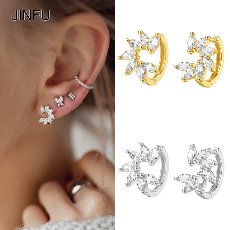 JINFU Flower CZ Zircon Hoop Earrings for Women Gold-plated Piercing Circle Stud Earrings 2022 Women Jewelry Wholesale