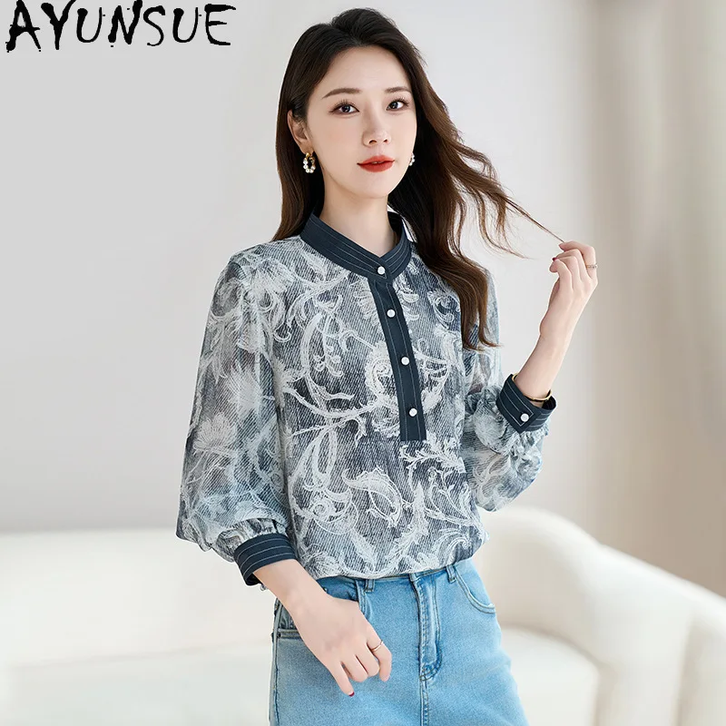 AYUNSUE 100% Real Mulberry Silk Long Sleeve Blouse Plant Printed Women Shirts Autumn Commuting Women Clothing 2026 Chemise Femme