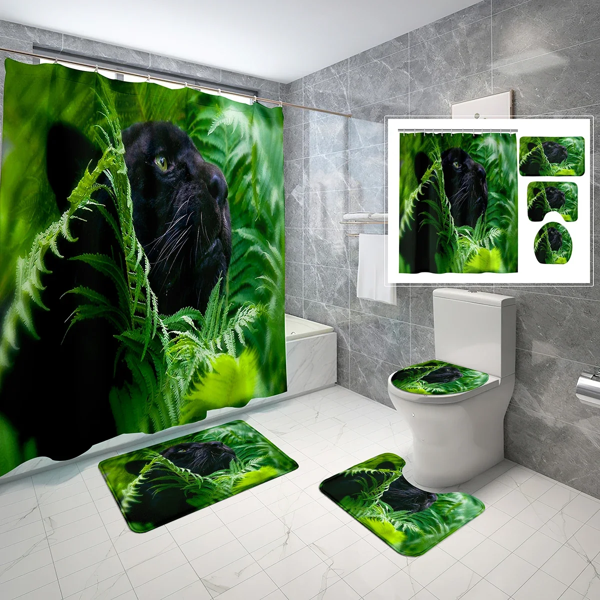 

4 Pcs Black Panther Shower Curtain Sets with Toilet Lid Cover and Non-slip Bath Mat Forest Plants Wild Animal Shower Curtain Set