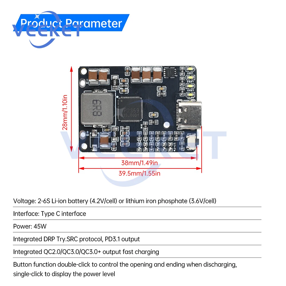 IP2369 2S ~ 6S 45W แบตเตอรี่ลิเธียมชาร์จการคายประจุโมดูล Li-Ion/LiFePO4 แบตเตอรี่ Charger อินเทอร์เฟซ Type-C