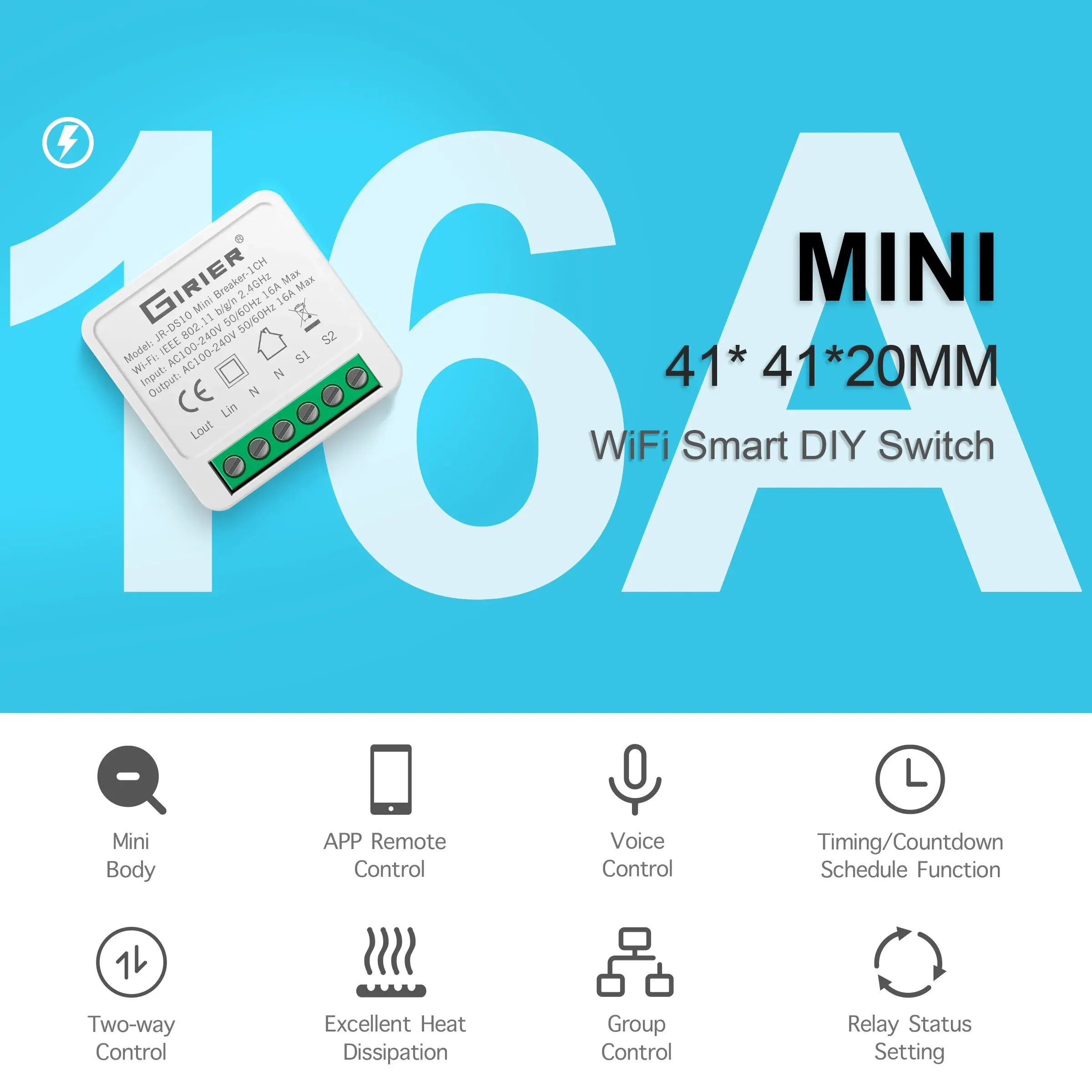 GIRIER 16A Mini Smart WiFi DIY Switch Supports 2 Way Control Smart Home Automation Module Works with Alexa Google Home Assistant