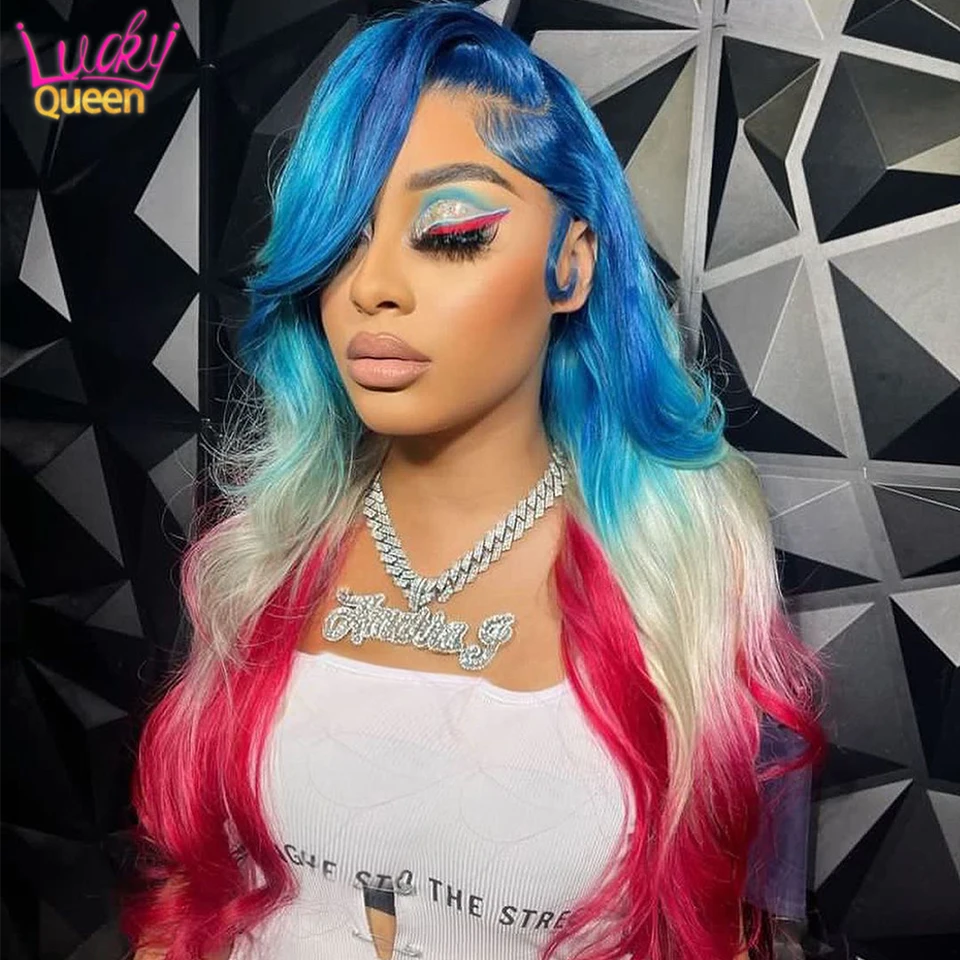 613 13x6 Omber Blue With Pink 180 Density Lace Front Wigs Human Remy Hair Pre Plucked 13x4 Body Wave Lace Front With Baby Hair