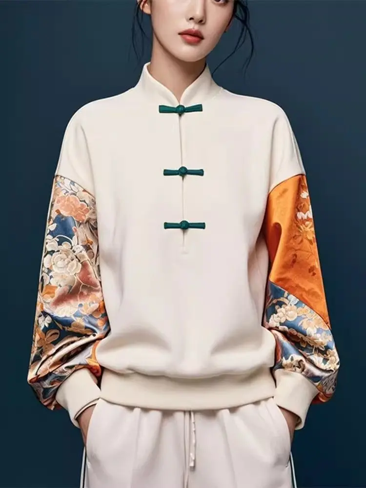 New Chinese hoodie with button up stand up collar top for women in autumn and winter, fashionable retro chic long sleeved shirt