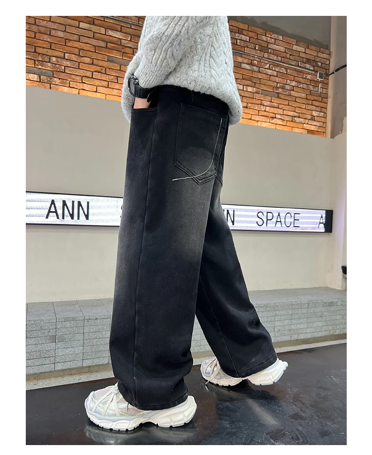 Schwarze Jeans für Teenager und Kinder, Frühling/Herbst, Retro-Verlauf-Design, gerade Passform, Denim-Hose, stylische weite Hose für Jungen, 5-14 Jahre – Detail 5