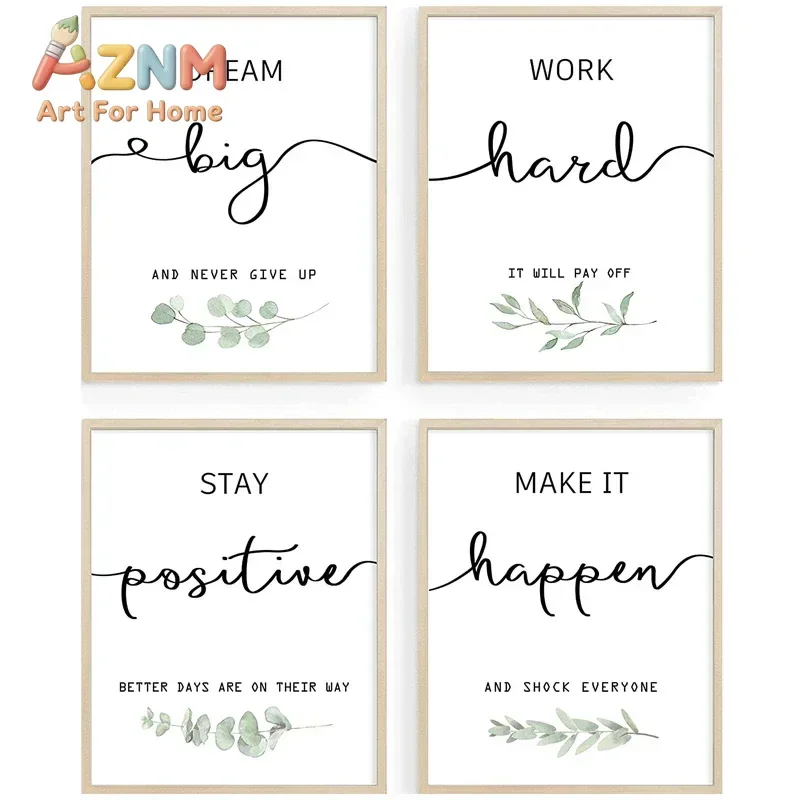 AZNM Inspirational Quote Canvas Wall Art Eucalyptus Botanical Positive Text Frameless Print Poster for Office Bedroom Home Decor