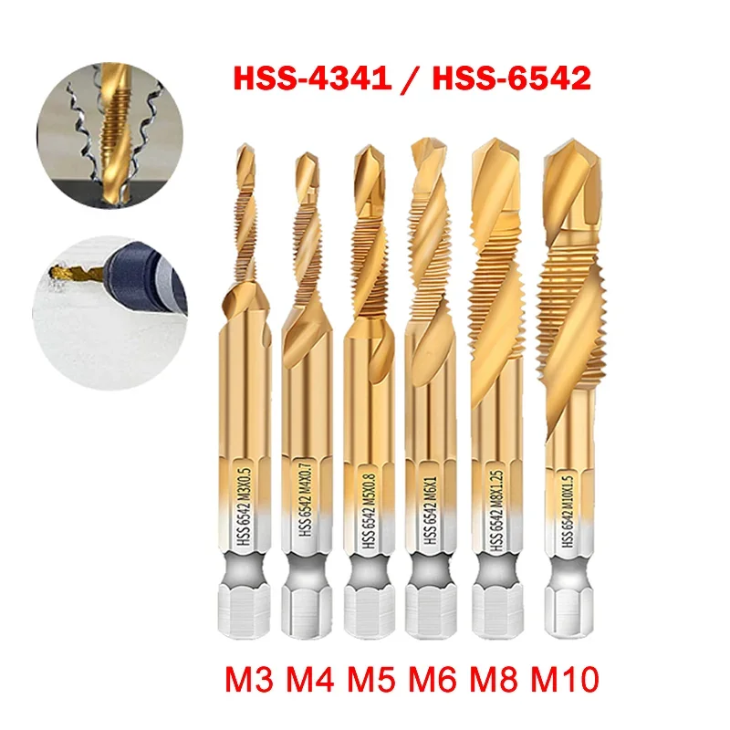 For Metric Thread Tap Drill Bits Set M3-M10 Hex Shank Titanium Drill Bit Plated Screw Metric Drill Tap Hand Tools 1/4 Shank 6.35