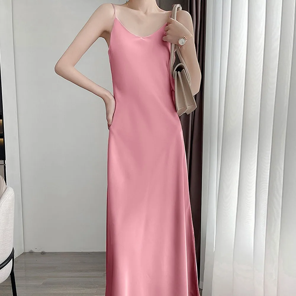 Women Sexy V-Neck Satin Faux Silk Party Bodycon Long Dresses Evening Club Cocktail Sling Female Sleeveless Nightgowns Slip Dress