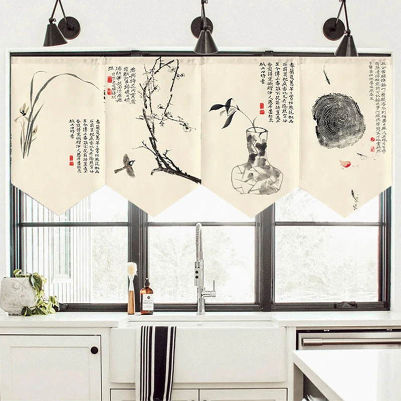 

Chinese Pastoral Style Pennant Ink Printing Door Half-curtain Kitchen Doorway Drapes Restaurant Cuisine Living Room Partition