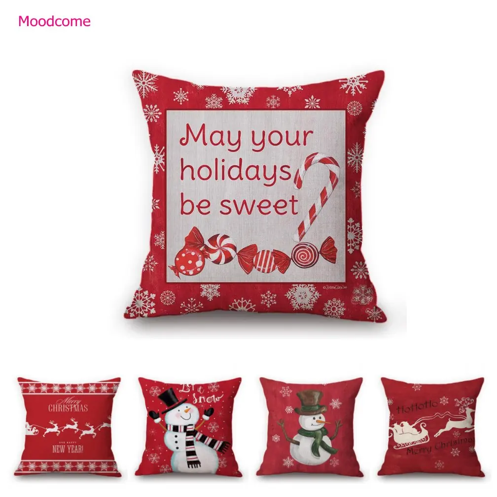 Red Joyful Christmas Cartoon Art Cute Snowman Xmas Decoration Sofa Throw Pillow Case Car Chair Seat Cotton Linen Cushion Cover
