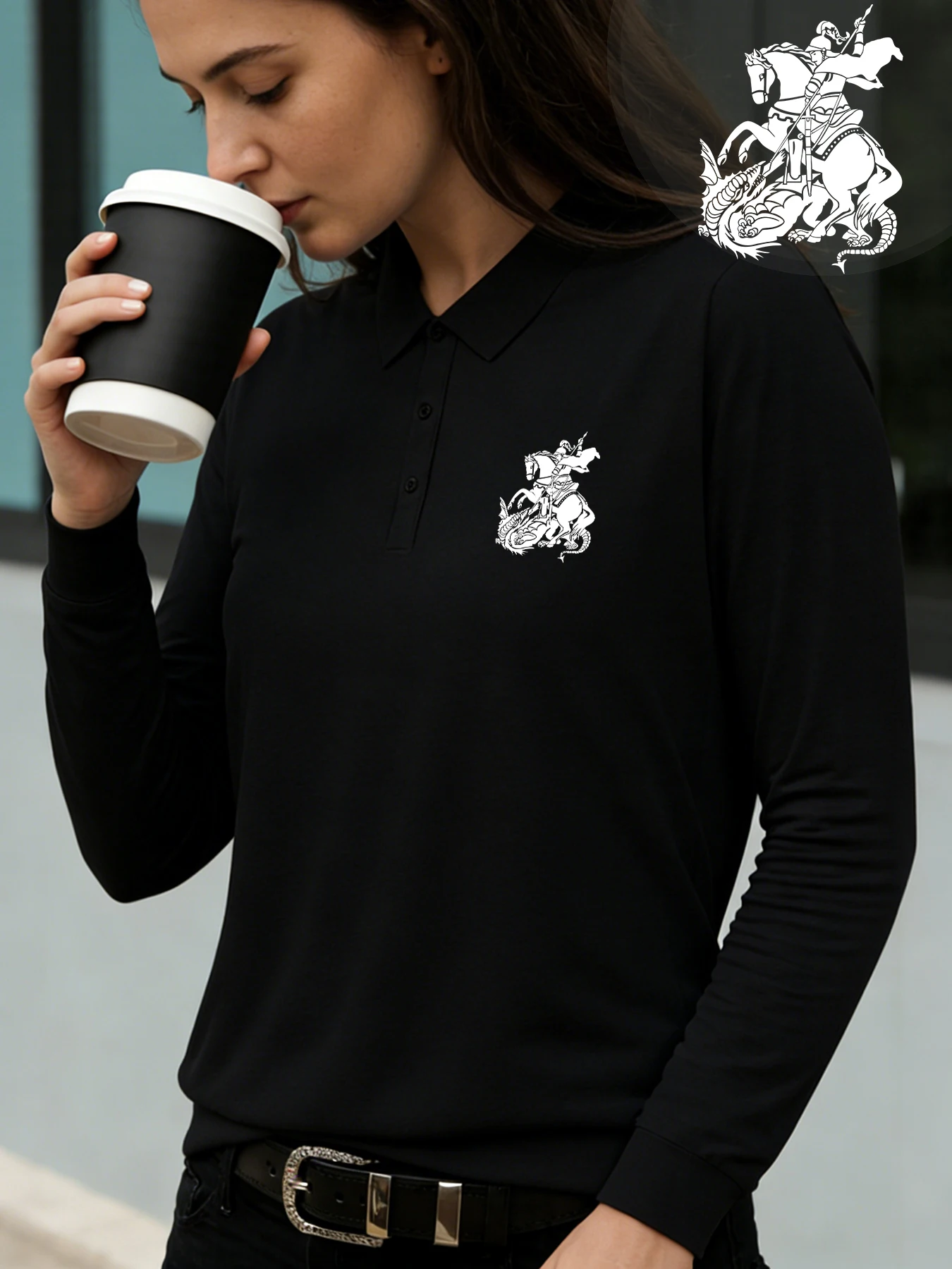 Damen-T-Shirt, langärmeliges Poloshirt, Ritterpferd und Drachen-Aufdruck, bequeme Freizeitkleidung für den täglichen Ausflüge, Büro-Matching