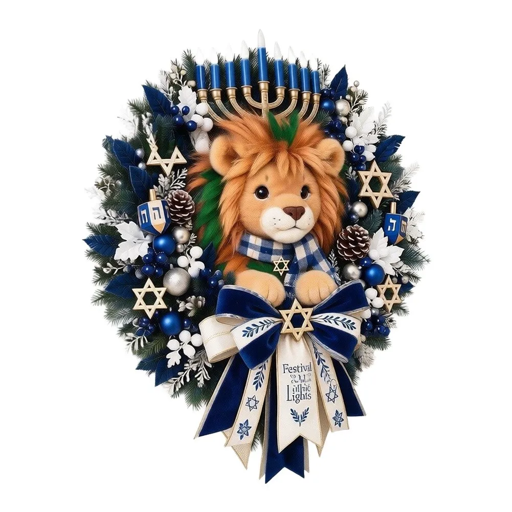 Hanukkah Lion Plush Wreath Handcrafted For Festival Of Lights Decor Reusable Front Door Wall Hanging Ornament For Jewish Holiday