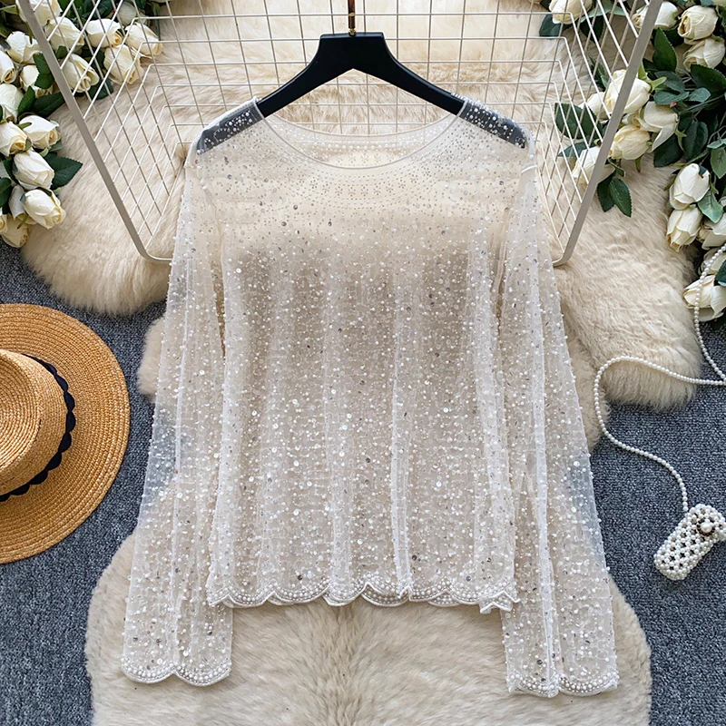 Women's Blouse Punk Style Sequins Top Long Sleeve O-Neck Thin Knit Cover Up Autumn Casual Elegant Pullover T-Shirt Female BL676
