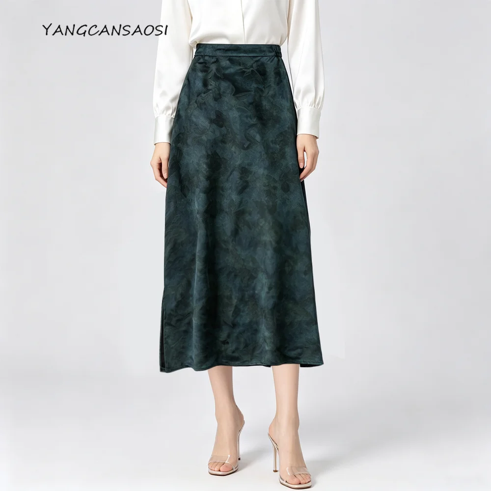 Women's Fashion Summer New Retro 45MM 100% Natural Mulberry Silk Jacquard Fragrant Cloud Yarn Elastic Waist Straight Tube Skirt