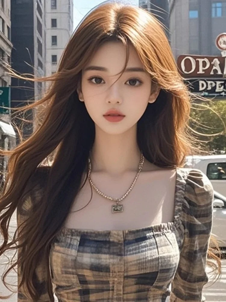 Schlankmachendes ort-Sle Retro Square-Ne Plaid irt Damen Herbst Faionable Base irt Atmungsaktives Feuchtigkeits-ng-T-Shirt