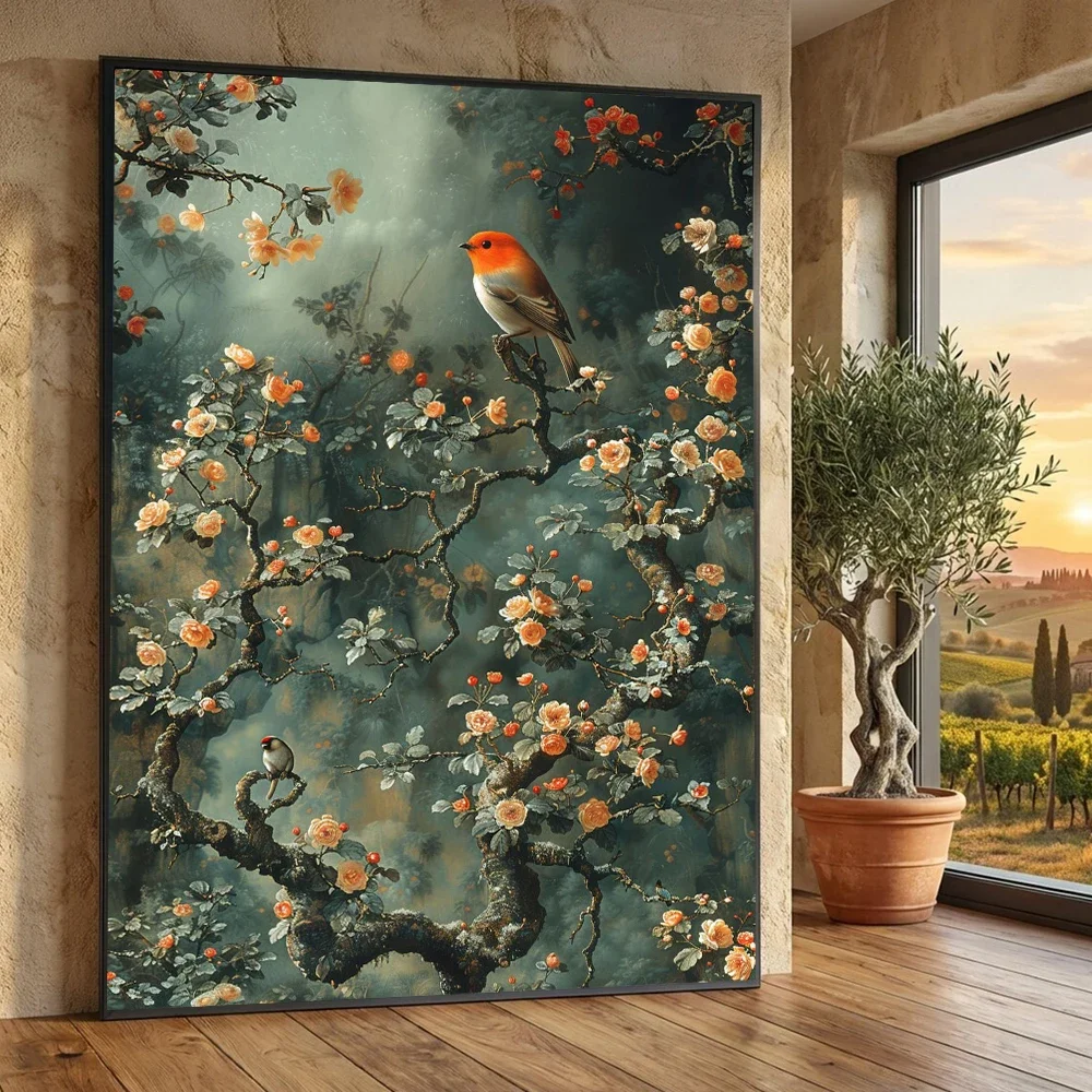 Canvas Painting Arte De Pared En Lienzo Con Pájaros Vintage En Ramas De Flores, Artístico Melancólico Para Sala De Estar, Pin