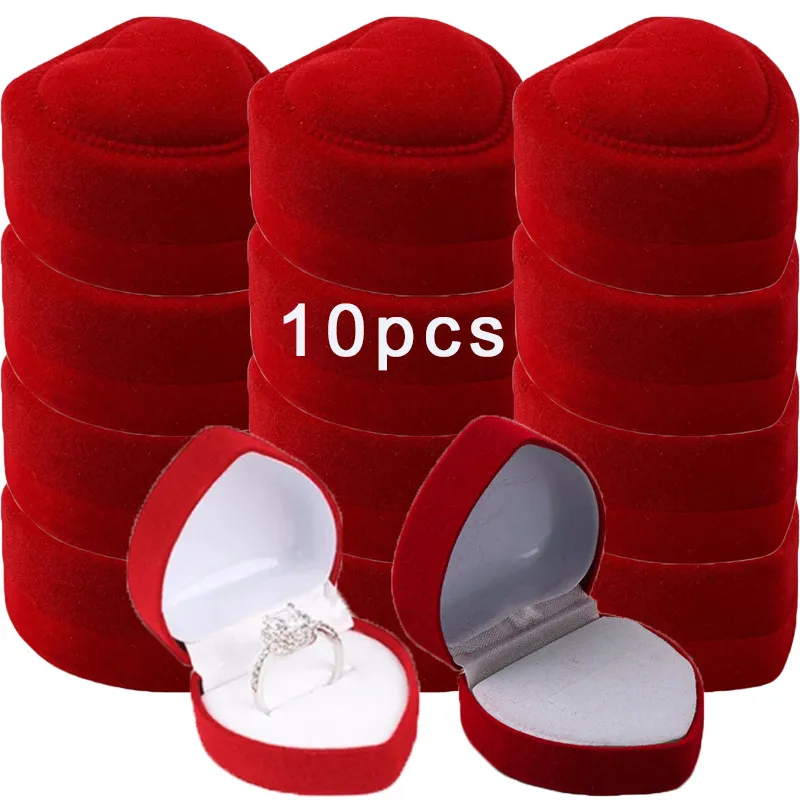 10pcs Ring Box Velvet Red Heart Shaped Jewelry Box Case Earrings Display Cases Holder Gift Boxes Jewelry Organizer Wedding